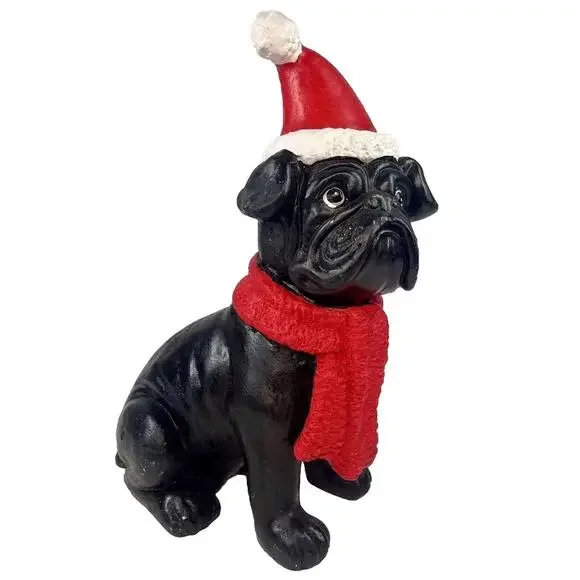 Black Pug Dog Statue Santa Hat Scarf Christmas Hand Painted Figurine 14” Tall - Picture 1 of 9